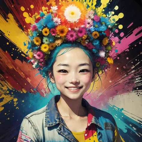 a 1girl、gentle smile、face photo、
in the style of robert rauschenberg
bright color psychedelic vintage