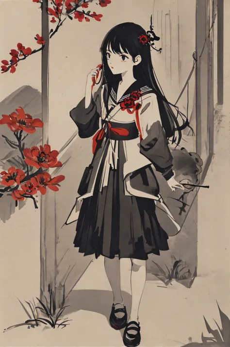 masterpiece, best quality, flat color, limited palette, low contrast,
1girl, serafuku, long straight black hair,
lycoris flower,...