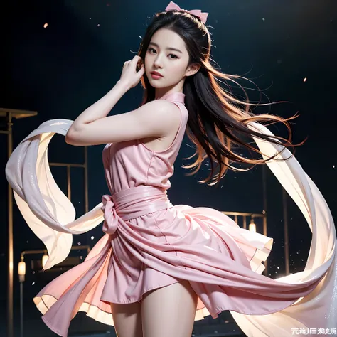 a close up of a woman in a pink dress posing for a picture, yanjun cheng, Pink dress, flowing dress, sexy dress, sakimichan, flowing sakura-colored silk, wearing a pink dress, gorgeous chinese model, with a thin waist, flowing sakura silk, trending on cgst...