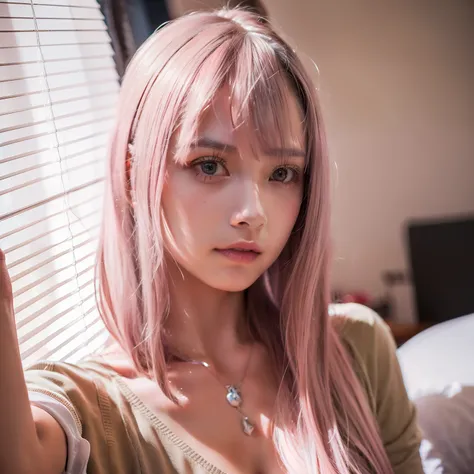 sks, high quality, looking at the camera, a girl, pink hair