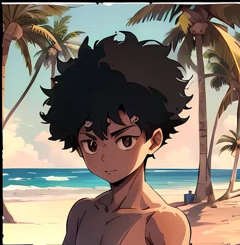 anime boy with glasses standing on the beach near palm trees, arte oficial, afro, em uma praia, anime afrofuturismo, ele tem cab...