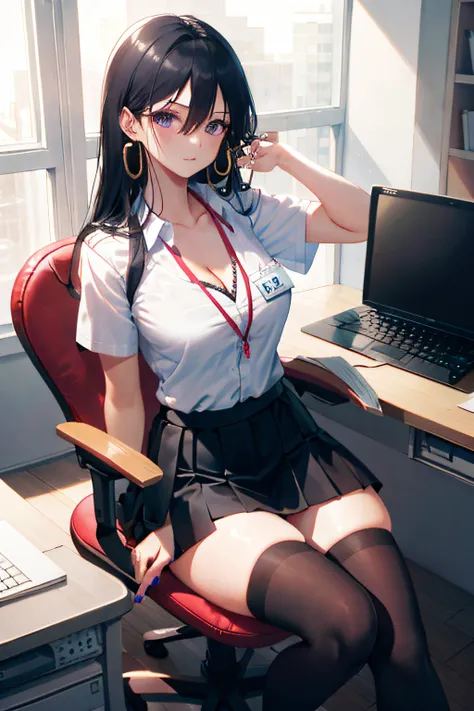 boa hancock, 1girl, solo, ((white shirt)), black thighhighs, breasts, cleavage, uniform, office background, black skirt, pleated...