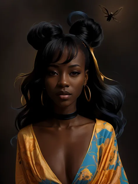 Vintage 90s anime style. close up portrait of a beautiful ((black dark skinned)) 27 year old ((African female)) on a marble platform in a very colourful flower filled plain on a bright sunny day, sun in sky, super realistic facial features, colourful futur...