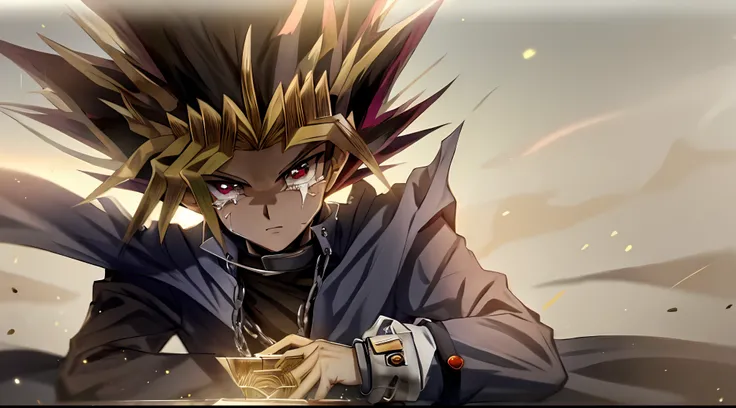 obra-prima, melhor qualidade, luz complexa, 1boy, solo, yu-gi-oh!, cabelo preto, jaqueta nos ombros, colar,camisa sem mangas,boca fechada,olhando para o espectador, yugi muto, pingente grande,millennium puzzle,Altamente detalhado, olhos vermelhos,tears,o d...