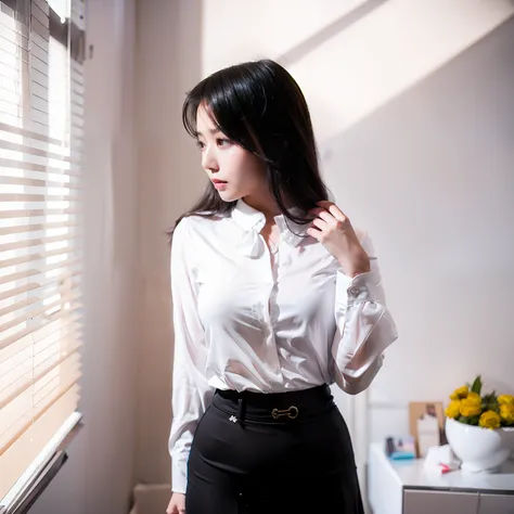 araffed asian woman in a skirt and white shirt posing for a picture, wearing a blouse, wearing white shirt, fine white shirt, we...