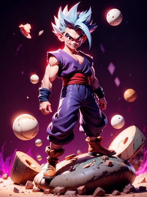 masterpiece, best quality, ultra-detailed, adult gohan 1boy, solo, full body, evil smile, grey hair, spiked hair, (((red eyes)))...