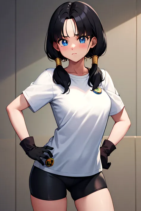 masterpiece, best quality, highres, videl2, solo, blue eyes, black hair, twintails, black gloves, bike_shorts, bangs, white shir...