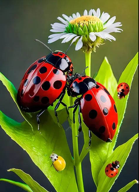 joaninhas em uma folha verde com uma flor branca no fundo, joaninhas, ladybug robots, foto de retrato, fotografia macro, fotogra...