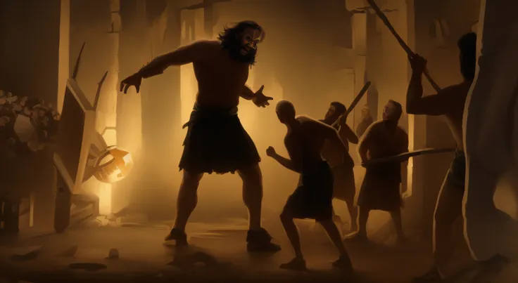 Golias, epic biblical depiction, bible illustration, Davi e Golias, membros da tribo atacando. --auto