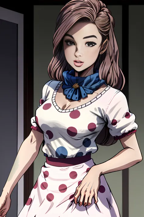 a woman of apparently medium height and slender build, com cabelos ruivos separados para a direita e amarrados em um rabo de cavalo baixo com franja, wearing a white sweater with a plunging neckline and a polka dot print skirt