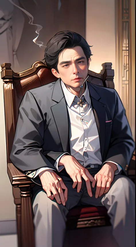(((bestbestquality))),(((ultra- detailed))),(((A Masterpiece))),1 70-year-old Chinese man,A helpless expression,Lie in a chair,Smoking,(backdrop: Bungalow from the 90s)