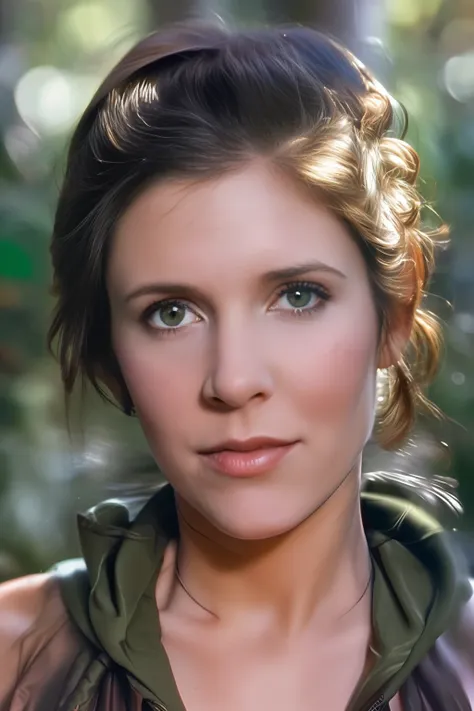 medium shot color photograph of carrie fisher_v1(wearing a olive-green cloak), in the woods, winter, (short bronze hair bun), ev...