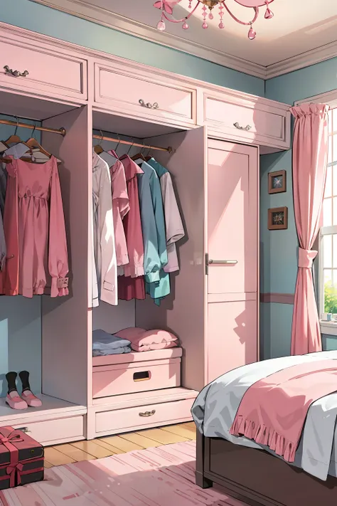 a girls' room，pink vibe，wardrobe and bed，no people