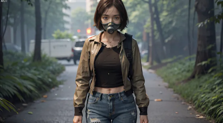 mulher cabelo longo  amarrado, moleton marrom, mochila marrom, jean pants, forest destroyed, hyper realistic cinematic lighting ...