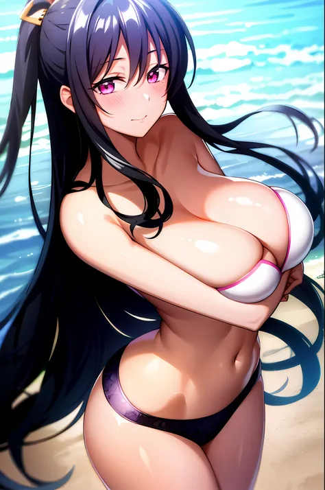 masterpiece, best quality, 1girl, looking at viewer, cute, bikini, (seascape), large breasts, pink eyes, himejima akeno,  black ...