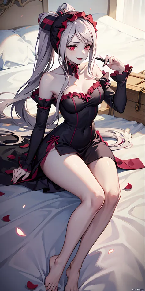 shalltear, 1girl, vampira, sentado numa mesa, pale skin, pele branca, quarto, sorriso, boca aberta, pernas cruzadas, estante, ve...