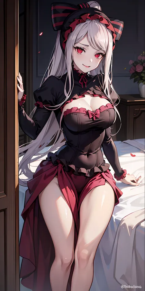 Shalltear, 1girl, vampira, sentada numa mesa de pernas cruzadas, pale skin, pele branca, quarto, sorriso, boca aberta, estante, vestido longo, pupilas cortadas, vestido babado, hair bow, split lighting, light particles, altamente detalhado, absurdres, obra...