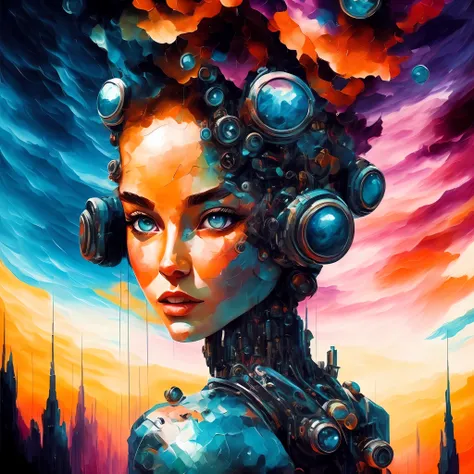 a (a beautiful girl cyborg on an alien planet on landscape by james jean and salvador dali) made of colors in an amazing splash ...