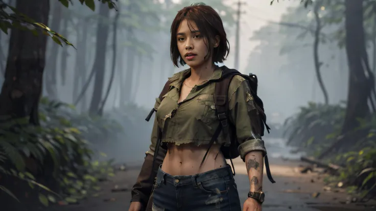 mulher cabelo longo preto, moleton marrom, mochila marrom, jean pants, forest destroyed, hyper realistic cinematic lighting supe...