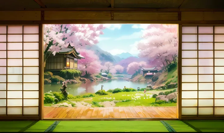 Anime-Sakura、anime background art、Anime landscape concept art、Beautiful anime scenery、Takegaki、Japan Art Style、inner citadel、Japanese garden、Garden seen from a Japanese-style room、beautiful anime scene、Realistic anime style、anime landscape、Traditional conc...