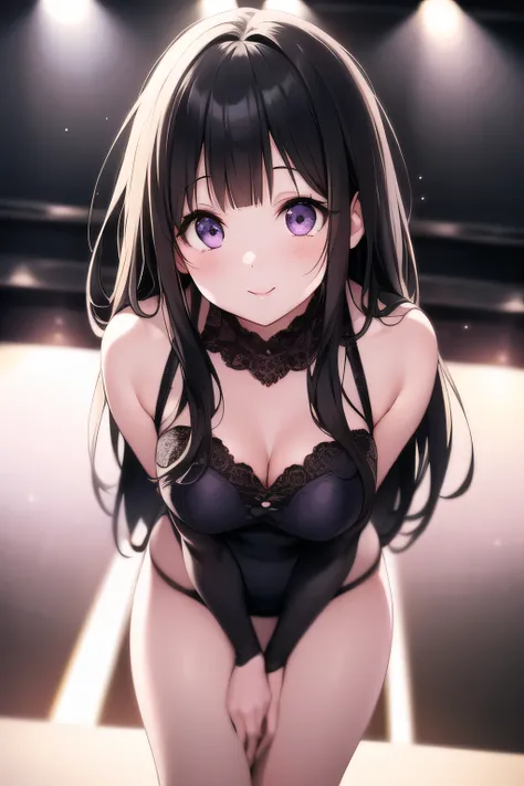 A superb exquisite Chitanda Eru, full body, (looking at camera), purple eyes, black hair, natural straight hair, straight bangs, solo, ((idol)), on stage, extremely delicate, straight facial features, peerless beautiful girl, soft, (sensual), (kawaii), dre...