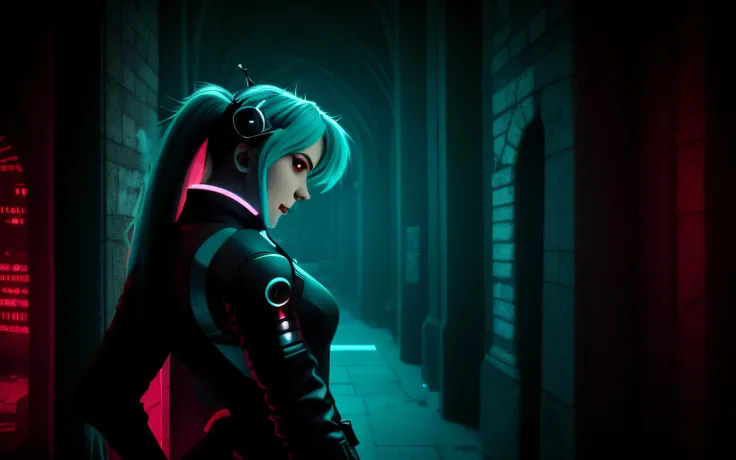 Dark portrait of Marvels Bloody Miku Hatsune with intricate angled cybernetic implants inside brutalist building, gothic brutalist cathedral, cyberpunk, award winning photo, bokeh, neon lights, cybernetic limb