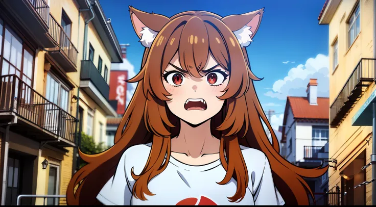 bra maestra, raphtalia, brownhair, orejas de animal, ojos rojos, cara enojada, angry, gritando, white t-shirt, en medio de la ca...