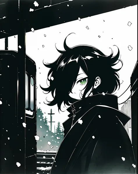 kuroki-tomoko at a train station looking up to the sky, (snowing), vhs, white background, vintage, (hair covering eyes), ((hair ...