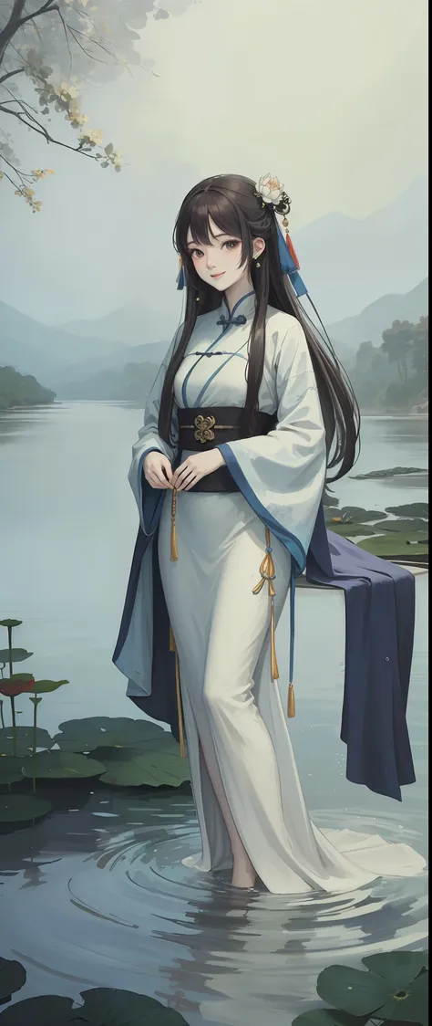 ((4k,masterpiece,best quality)), shuimobysim, traditional chinese ink painting, lotus, hanfu, maxiskit, dress conservatively
1girl, solo, long blue hair, smile, standing, feet in the water, barefoot,