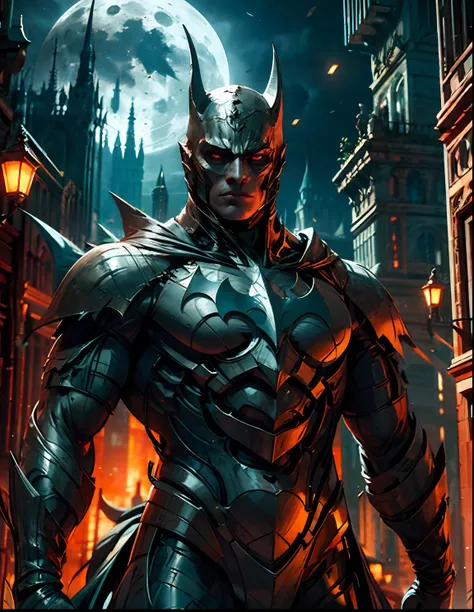 Batman from the dark knight stands imposing in a gothic lost city. Moonlight highlights your muscles and scars. The scenery is lush and mysterious, with futuristic tech and surroundings. The camera details everything, a warrior woman, in front of him.