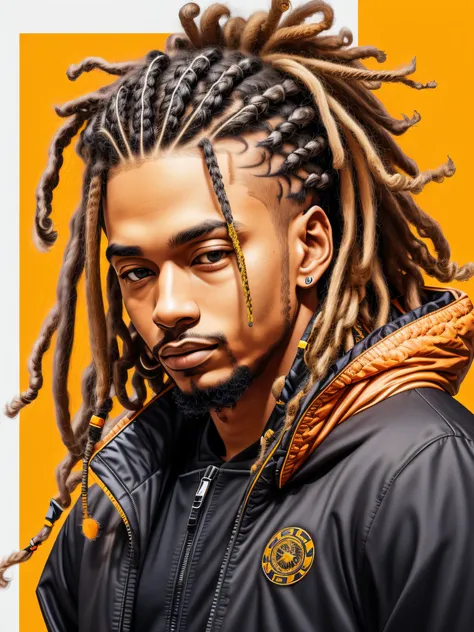 1 rapper with dreads hair, orange techwear jacket, minimalist abstract background