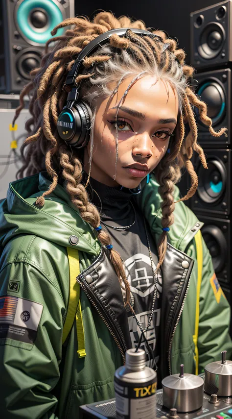 1 rapper with dreads hair, toxicpunkai techwear jacket, minimalist abstract toxicpunkai music mixer and speakers background, bub...