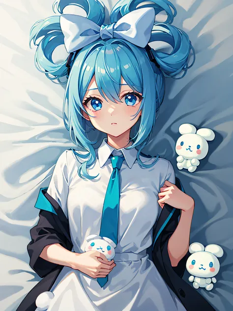 1girl, solo, cinnamiku, blue hair, blue eyes, hair rings, hair bow, blue bow, (cinnamoroll, tied ears, sanrio, 1other, creature:...