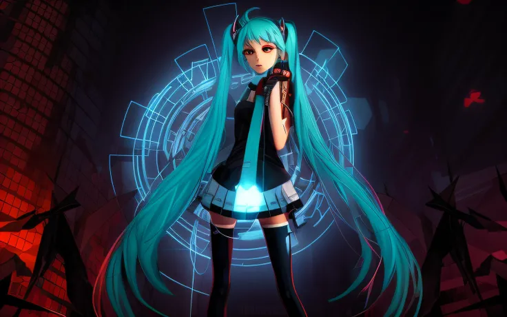 Dark portrait of Marvels Bloody Miku Hatsune with intricate cybernetic implants angled inside the brutalist building, Gothic brutalist cathedral, Cyberpunk, Foto premiada, Bokeh, neon lights, membro cyber