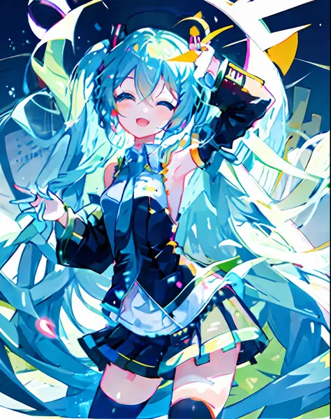 chica anime con cabello azul, pose(brazos arriba + feliz), hatsune miku, amigo, con una coronita azul sobre su cabeza, con los b...