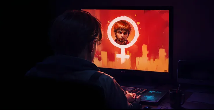 oil painting style, (homem)wojak incel em um quarto escuro e cheio de coisas e papel de parede com um computador com luz refletindo seu rosto