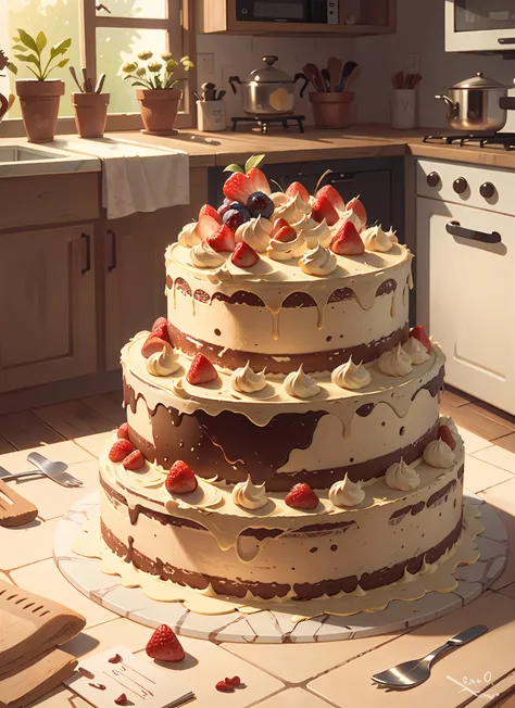 "Delicious cake on top of a marble table in a modern kitchen."