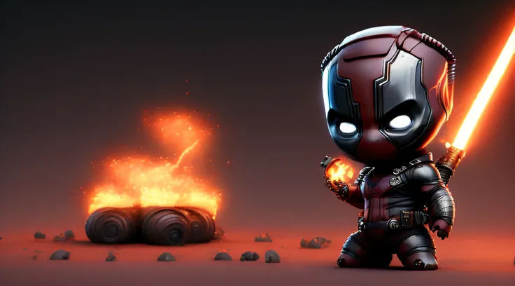 cinematic shot of realistic cute deadpool , surounded by fire, seamless, epic, cinematic, intricate detail, award winning, great lighting, shading, high quality, detailed