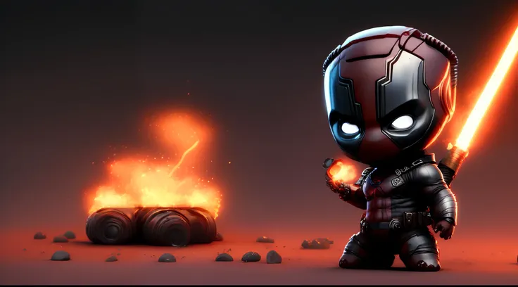 cinematic shot of realistic cute deadpool , surounded by fire, seamless, epic, cinematic, intricate detail, award winning, great lighting, shading, high quality, detailed
