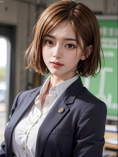 nobara_jjk、brown hair、short hair、brown eyes、black blazer、student uniform、