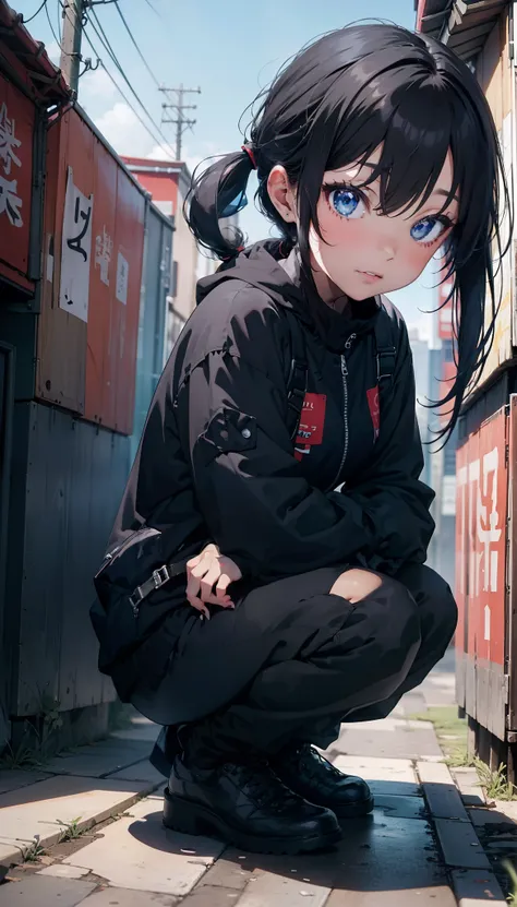 araffe girl in black outfit crouching down with a black hat, 1 7 - year - old anime goth girl, the anime girl is crouching, wear...