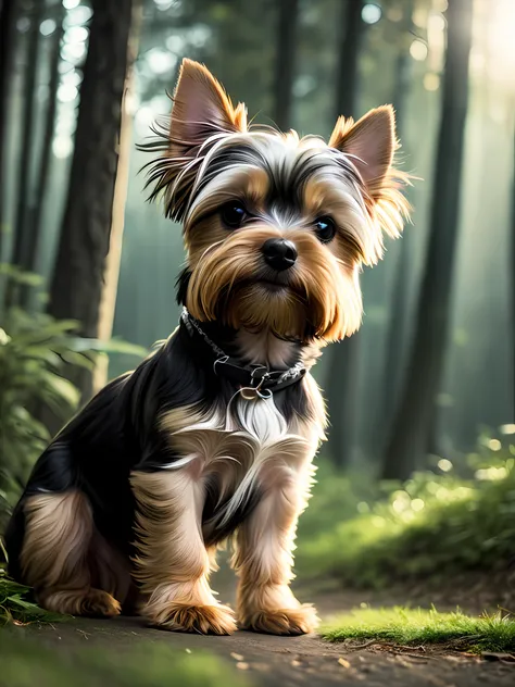 foto em close de um cachorrinho yorkshire terrier, com 10 anos de idade pulando muito fofo na floresta, soft volumetric lights (...