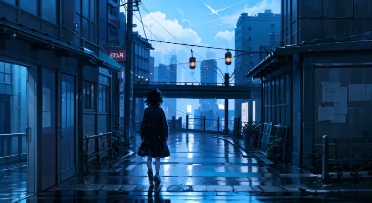 there is a woman walking down a wet street at night, style of alena aenami, gloomy. by makoto shinkai, inspired by alena aenami,...