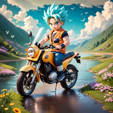 raindrops，clouds，sunbeam，highway，little boy on bike，son goku，super saiyan，spiked hairstyle，flowers，mountain，rivers，bird，full bod...