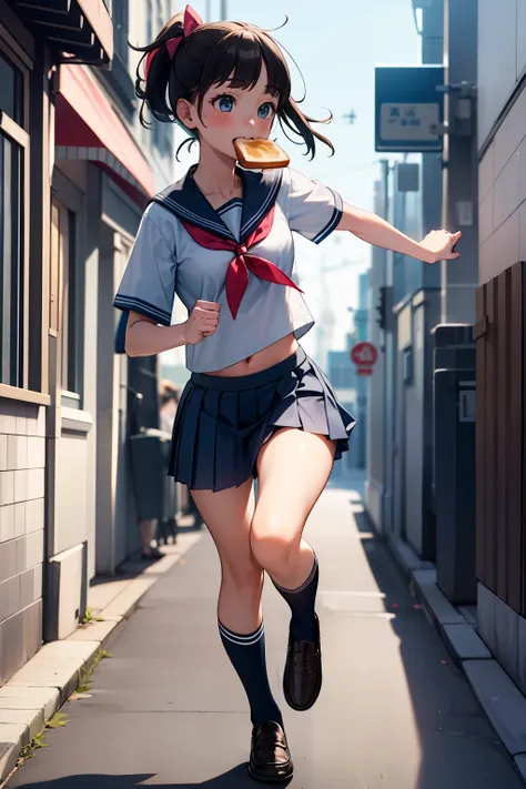 masterpiece, best quality, a girl, serafuku, blue bow, pleated skirt, blue socks, loafers, city street, running, toast in mouth,