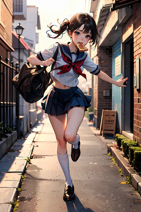 masterpiece, best quality, a girl, serafuku, blue bow, pleated skirt, blue socks, loafers, city street, running, toast in mouth,