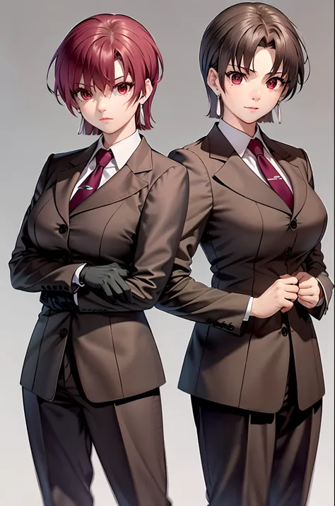 (masterpiece, best quality:1.2), bazett, fgo, 3girl, trio, sisters, short hair, red hair, bangs, red eyes, mole under eye, large...