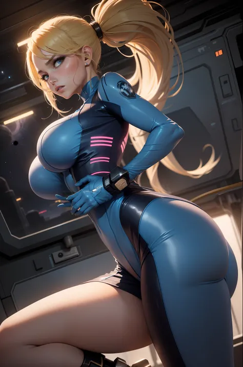 1girls,Female Star Warrior,Delicate and beautiful face,blushing face,Sweat on the face,Blue pupils,The lips open slightly,HAIR LOIRO,High ponytail,Busty boobs,Convex buttocks,Dressed in a blue bodysuit,Armed with a firearm,Weapons of the future,chest close...