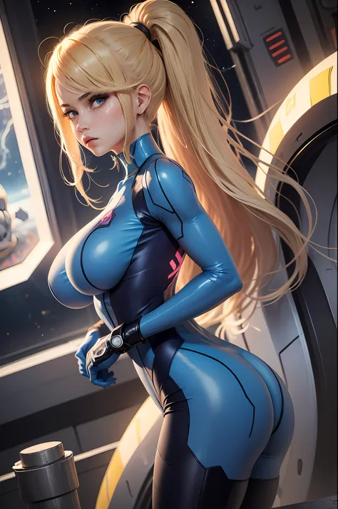 1girls,Female Star Warrior,Delicate and beautiful face,blushing face,Sweat on the face,Blue pupils,The lips open slightly,HAIR LOIRO,High ponytail,Busty boobs,Convex buttocks,Dressed in a blue bodysuit,Armed with a firearm,Weapons of the future,chest close...