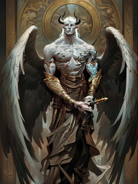 arafed male with a sword and wings standing in front of a wall, deus masculino bonito da morte, symmetrical epic fantasy art, dj...